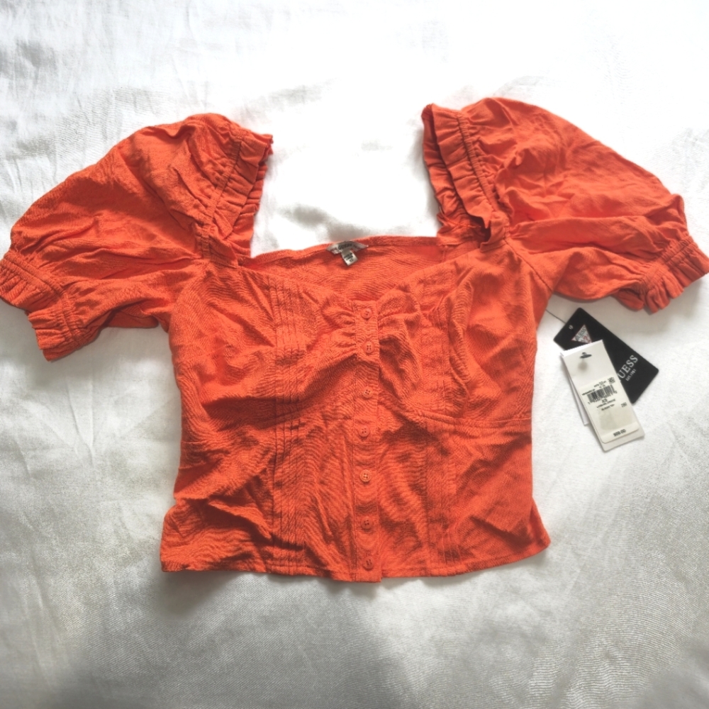 Guess Button Down Orange Puff Sleeve Sweetheart Ruffle Top New Never Wor…